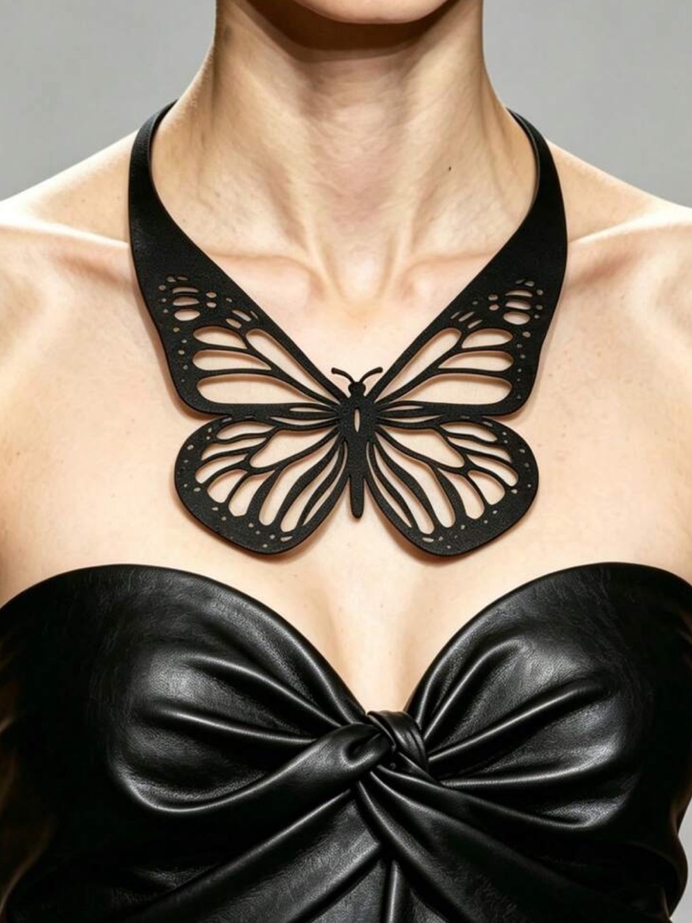 Hollow Carved Butterfly Choker, Black Double-Layer PU Leather Gothic Style